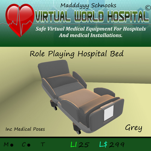 Second Life Marketplace VW Hospital Bed Grey For Virtual Medical
